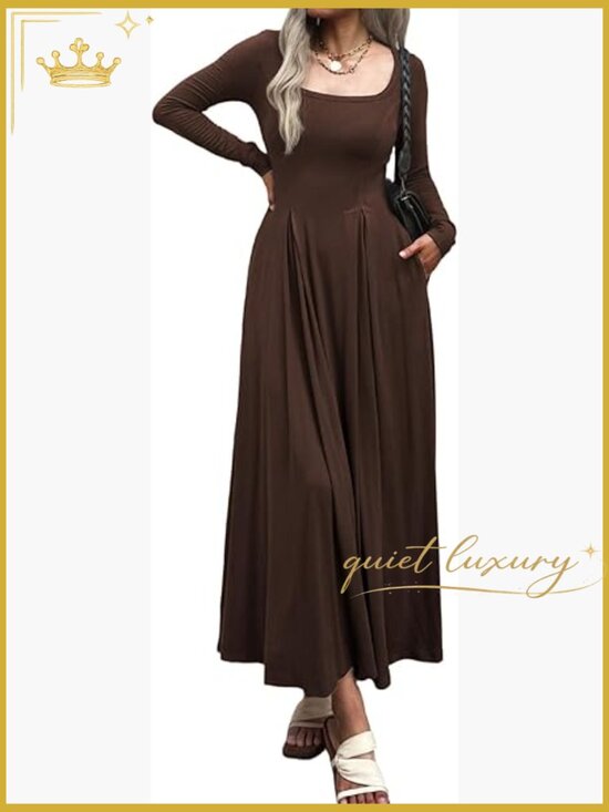 Dresses & Skirts - Women Long Sleeve Square Neck Maxi Dress A-Line Pleated Flowy with Pockets